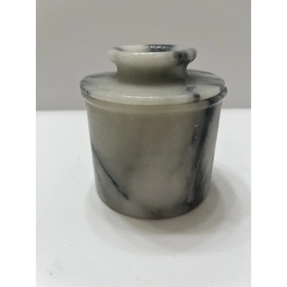 Gray White Marble Butter Container With Lid Round 4x3.25